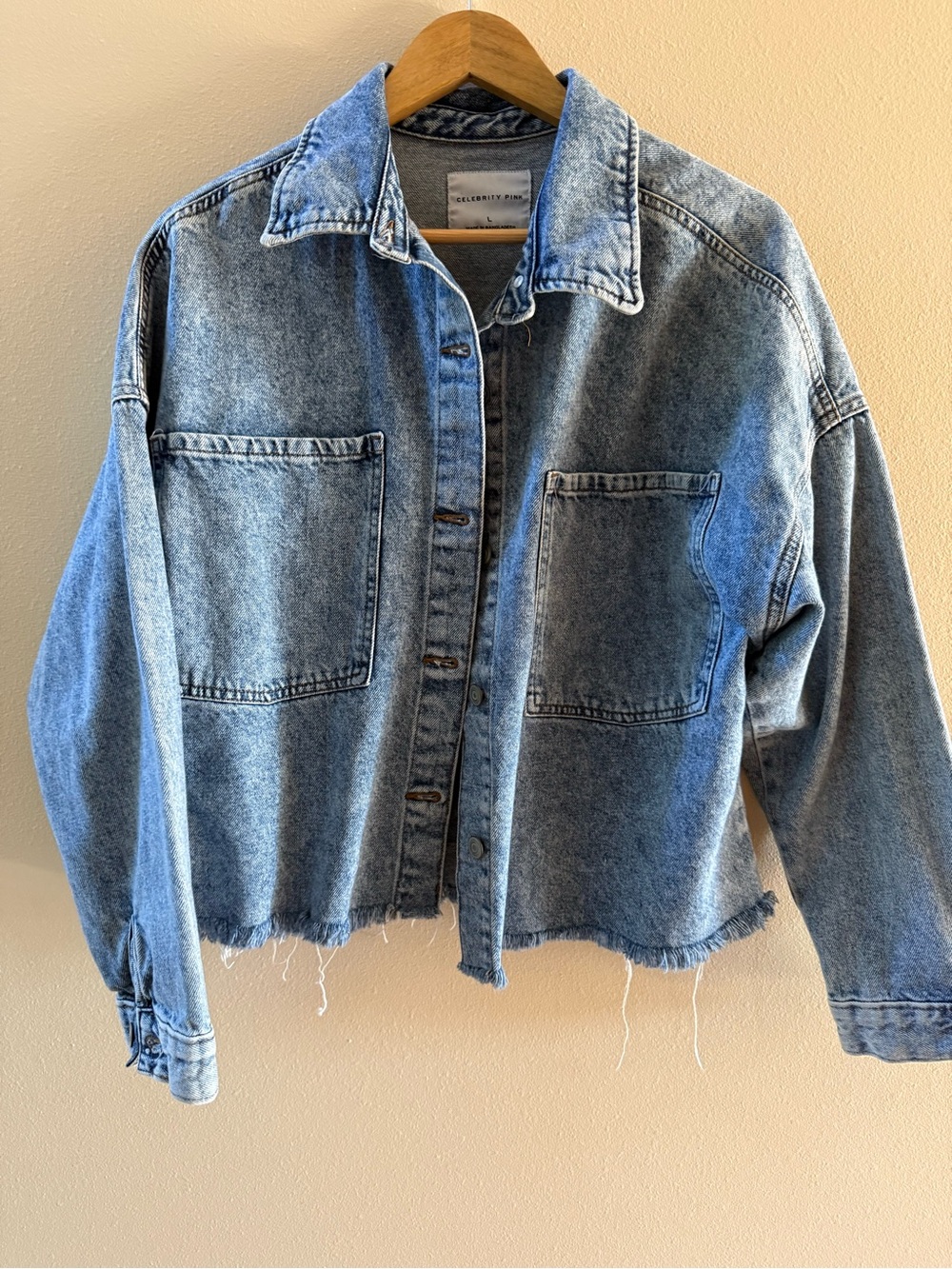 Celebrity Pink Light Blue Distressed Denim Jacket